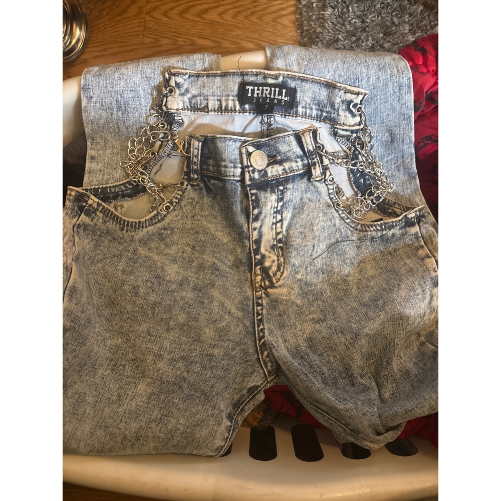 Thrill Jeans Acid Wash High Waisted Chain Link Detail Denim Pants Blue Size 7